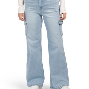 YMI Women’s Light Wash Cargo Flare Jeans – High Rise, Stretch Denim